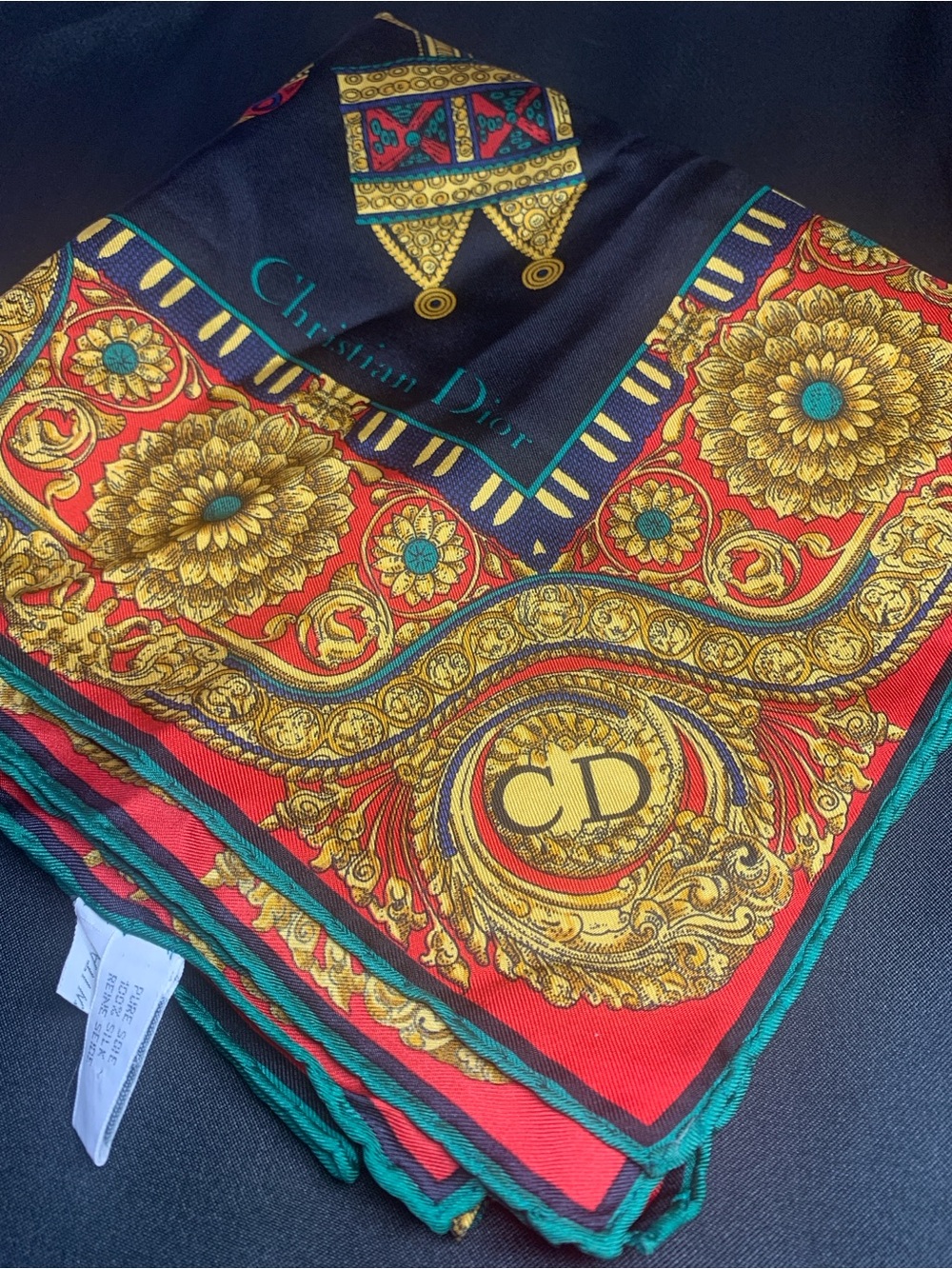 Dior Red, Gold & Teal Baroque Silk Scarf